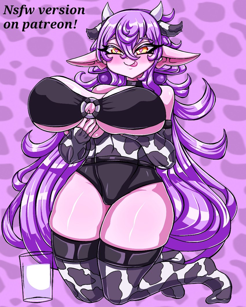 animal_print animal_print_thigh_highs bare_shoulders big_breasts bovid_horn bovine_horn breasts clothing cow_horn cow_print cow_print_thigh_highs ears_down female glass hair hair_between_eyes heart_eyes heart_symbol holding_breast horn huge_breasts humanoid_pointy_ears kneeling legwear milk o-ring pattern_clothing pattern_legwear pattern_thigh_highs pink_body pink_skin pivoted_ears pointy_ears purple_hair skindentation smile solo text thick_thighs thigh_highs tongue tongue_out yellow_eyes izfan animal_humanoid bovid bovid_humanoid bovine bovine_humanoid cattle_humanoid humanoid mammal mammal_humanoid english_text hi_res