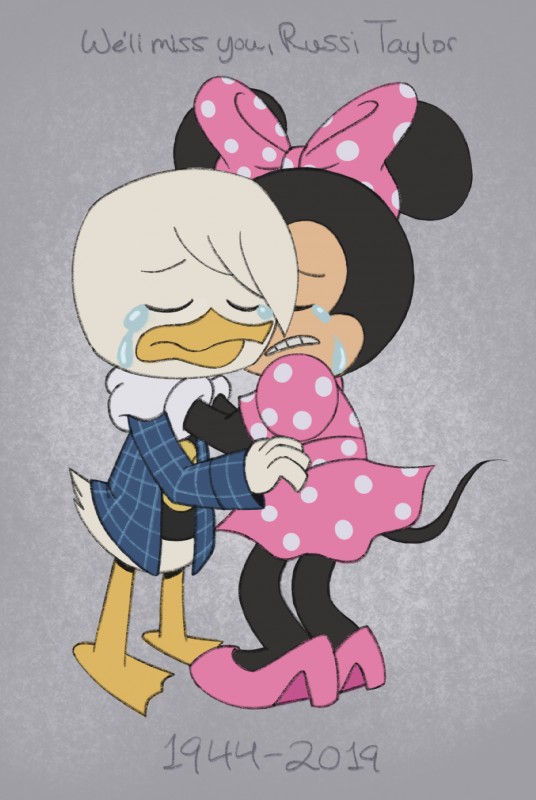 accessory anthro barefoot beak bodily_fluids bow_(feature) bow_accessory bow_ribbon centered_hair_bow clothing crying dress duo eyes_closed feet footwear hair_accessory hair_bow hair_ribbon hug ribbons shirt shoes standing tears topwear itoruna disney ducktales donald_duck minnie_mouse anatid anseriform avian bird duck mammal mouse murid murine rodent 2019 digital_media_(artwork) hi_res