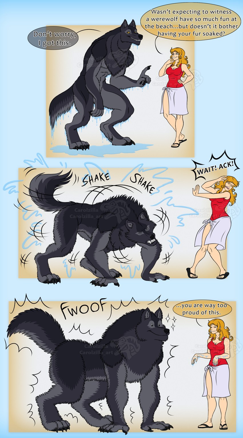 anthro black_body black_fur breasts claws cleavage clothed clothing duo female fluffy footwear fur grey_body grey_fur hair long_hair male sandals shaking shoes smile sparkles sparkling_eyes speech_bubble splash text wet carolzilla mythology amber_(carolzilla) woru_(carolzilla) canid canine human mammal mythological_canine mythological_creature werecanid werecanine werecreature werewolf absurd_res english_text hi_res watermark