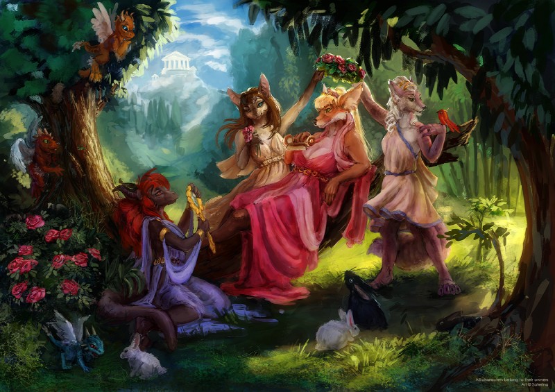 anthro barefoot blonde_hair breasts brown_hair building claws cleavage clothed clothing cloud detailed_background dress feathered_wings feathers feet female feral flower forest grass group hair hindpaw horn long_hair mirror outside paws plant reclining red_hair rose_(flower) scroll sky standing tail temple toe_claws toes tree whiskers white_hair wings wreath saterina mythology loyse avian bird canid canine domestic_cat dragon felid feline felis fennec_fox fox lagomorph leporid mammal mythological_creature mythological_scalie rabbit red_fox scalie true_fox