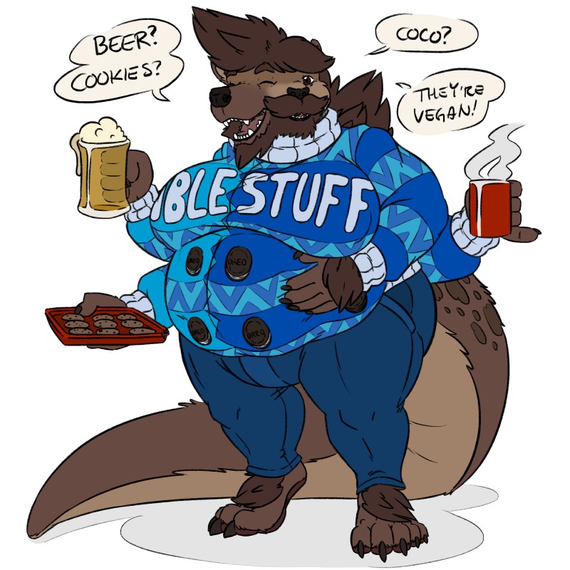 anthro clothing conjoined fused_eyes merging multi_arm multi_eye multi_face multi_limb multi_snout overweight overweight_anthro solo standing sweater tail thick_tail topwear where_is_your_god_now min_(artist) felid feline gnoll hyena mammal mustelid otter 1:1 absurd_res hi_res