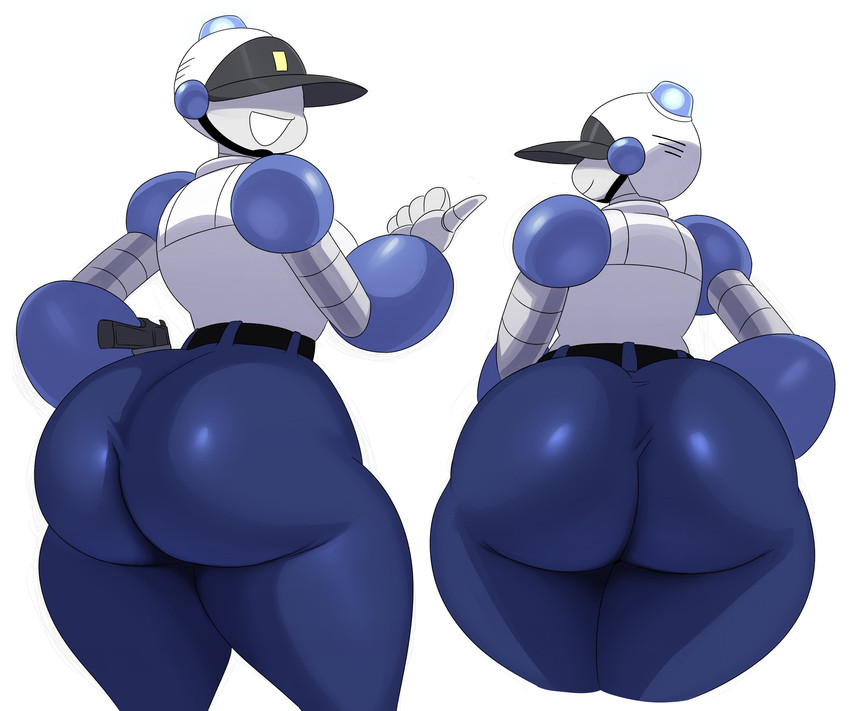 big_butt butt clothing eyeless female glistening gun handgun hat headgear headwear huge_butt machine not_furry open_mouth open_smile police ranged_weapon rear_view simple_background smile solo thick_thighs tight_clothing weapon white_background wide_hips sssonic2 bailey_(honeyboyy) android humanoid robot 2020 absurd_res digital_media_(artwork) hi_res