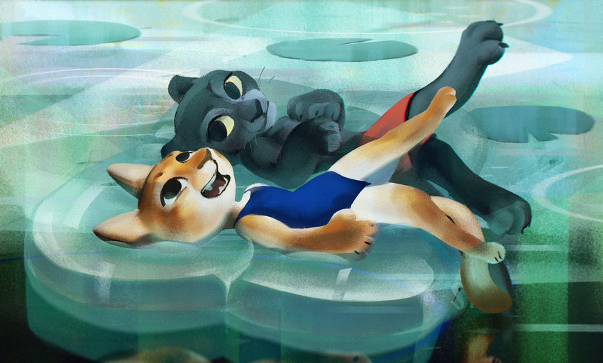 4_fingers anthro claws clothing detailed_background duo female fingers fur looking_at_another looking_up lying male on_back one-piece_swimsuit open_mouth paws swimwear teeth tongue water hriscia felid mammal pantherine absurd_res digital_media_(artwork) hi_res