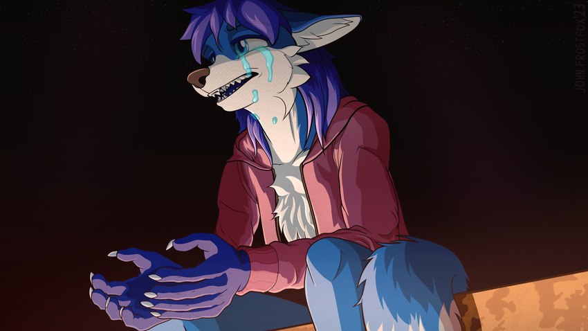 anthro blue_body blue_eyes blue_fur bodily_fluids chest_fur clothing crying fur hoodie looking_away male melancholic night open_mouth outside sitting sky solo sweater tears topwear white_body white_fur jf-049 john_frostfox canid canine fox mammal 16:9 4k absurd_res hi_res widescreen