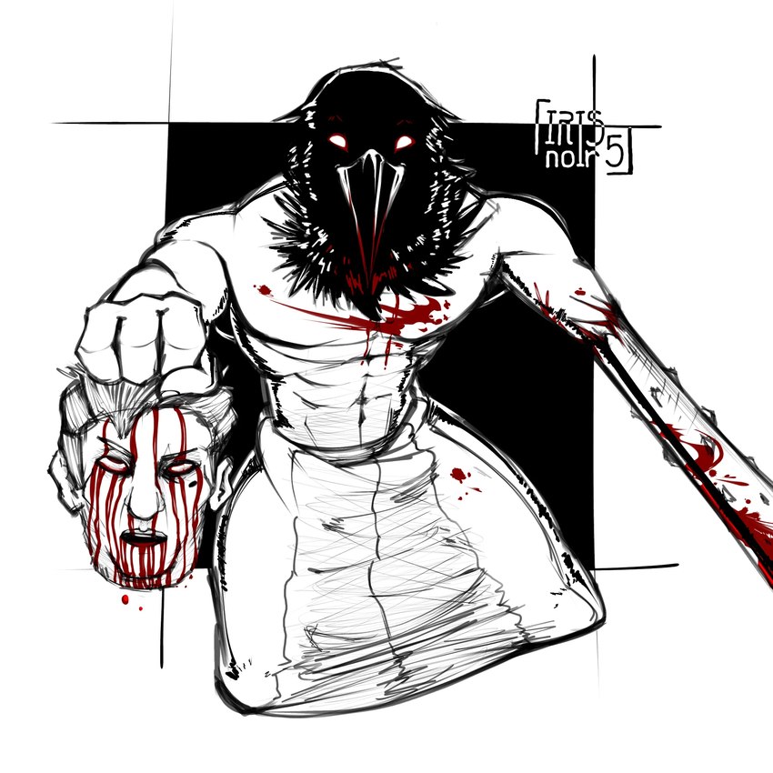 4_fingers abs amputee beak black_beak black_body black_feathers blood blood_in_mouth blood_on_beak blood_on_chest blood_on_clothing blood_on_feathers blood_on_head blood_on_weapon bodily_fluids bottomwear clothing disability ellipsis feathers fingers for_a_head gore hair holding_object holding_severed_head loincloth looking_at_viewer male melee_weapon muscular muscular_humanoid muscular_male navel no_pupils severed_body_part severed_head shirtless shirtless_humanoid shirtless_male simple_background smile smiling_at_viewer solo spikes standing text weapon weapon_arm white_background comprehensive-fix992 fear_&_hunger_2:_termina fear_and_hunger caligura crow_mauler animal_head animal_humanoid avian avian_humanoid bird bird_humanoid corvid corvid_humanoid corvus_(genus) corvus_humanoid crow crow_humanoid humanoid oscine passerine 1:1 2024 black_and_white english_text hi_res monochrome signature