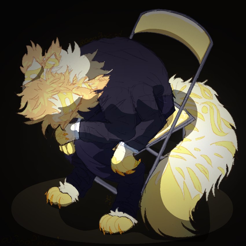 anthro blonde_hair business_attire business_suit businesswear chair cheek_tuft claws clothing dark_room depression facial_tuft fluffy fluffy_ears fluffy_hair fluffy_paws fluffy_tail fur furniture hair male multi_arm multi_ear multi_limb on_chair solo spotlight spotlight_beam suit tail tuft white_body white_fur yellow_body yellow_fur goofbread shinji_in_a_chair fever_dream_(dream_willington) domestic_cat felid feline felis maine_coon mammal serval 1:1