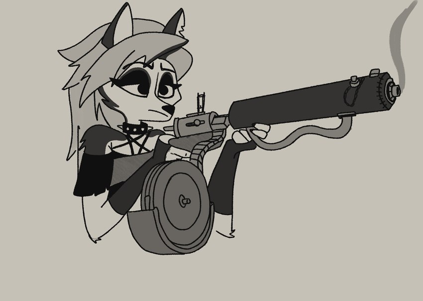 anthro female firing_weapon gun gun_smoke gunshot hellriegel holding_gun holding_object holding_ranged_weapon holding_weapon machine_gun ranged_weapon shooting shooting_gun simple_background smoke weapon esquizofrenio helluva_boss mythology loona_(helluva_boss) canid canid_demon canine demon hellhound mammal mythological_canine mythological_creature hi_res monochrome