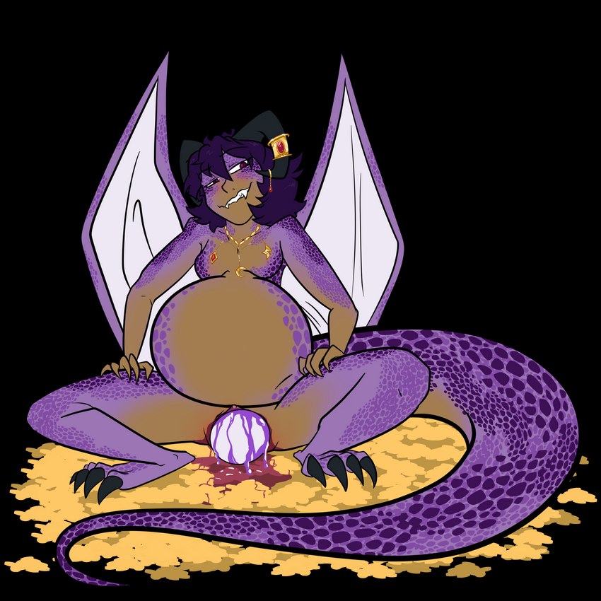 big_tail claws coin egg egg_from_pussy female gold_(metal) gold_coin hair horn jewelry no_navel nude oviposition pregnant purple_body purple_hair purple_scales scales solo tail wings sogravid mythology dragon humanoid mythological_creature mythological_scalie scalie 1:1 alpha_channel hi_res