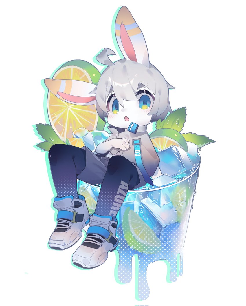 anthro beverage blue_clothing blue_eyes blue_legwear chibi clothed clothing footwear grey_clothing grey_hair grey_topwear hair legwear long_ears looking_at_viewer male micro micro_male open_mouth shoes short_hair simple_background solo topwear white_background white_body white_clothing white_footwear white_shoes emolga_1 lagomorph leporid mammal rabbit hi_res