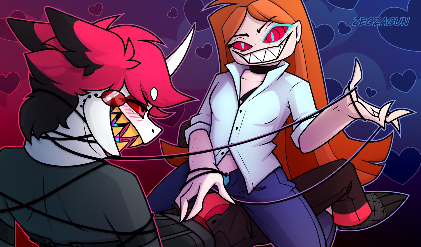 bangs bdsm blush blush_lines bondage bottomwear bound clothed clothing collar corset cosplay costume dominant dominant_female duo ear_tuft eyewear female freckles grope hair heart_symbol horn lingerie long_hair male male/female monocle open_bottomwear open_clothing open_mouth open_pants open_shirt open_topwear orange_hair pants partially_clothed pattern_clothing red_eyes red_hair restraints rolled_up_sleeves rope rope_around_chest rope_around_neck rope_bondage sharp_teeth shirt sitting_on_another smile striped_clothing stripes submissive submissive_male teeth teeth_showing topwear tuft unicorn_horn wire zegzagun hazbin_hotel hellaverse alastor_(hazbin_hotel) vox_(hazbin_hotel) human humanoid mammal absurd_res hi_res