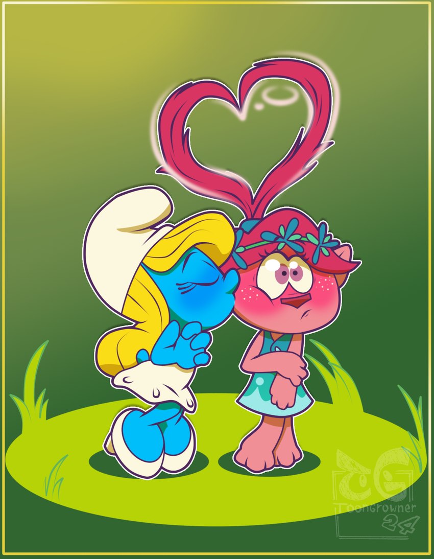 blonde_hair blue_body blue_skin blush clothed clothing duo eyes_closed female female/female feral hair hat headgear headwear heart_symbol kissing kissing_cheek not_furry phrygian_cap pink_body pink_hair pink_skin simple_background tail toongrowner dreamworks the_smurfs trolls_(dreamworks) poppy_(trolls) smurfette humanoid smurf troll_(mythology) digital_media_(artwork) hi_res