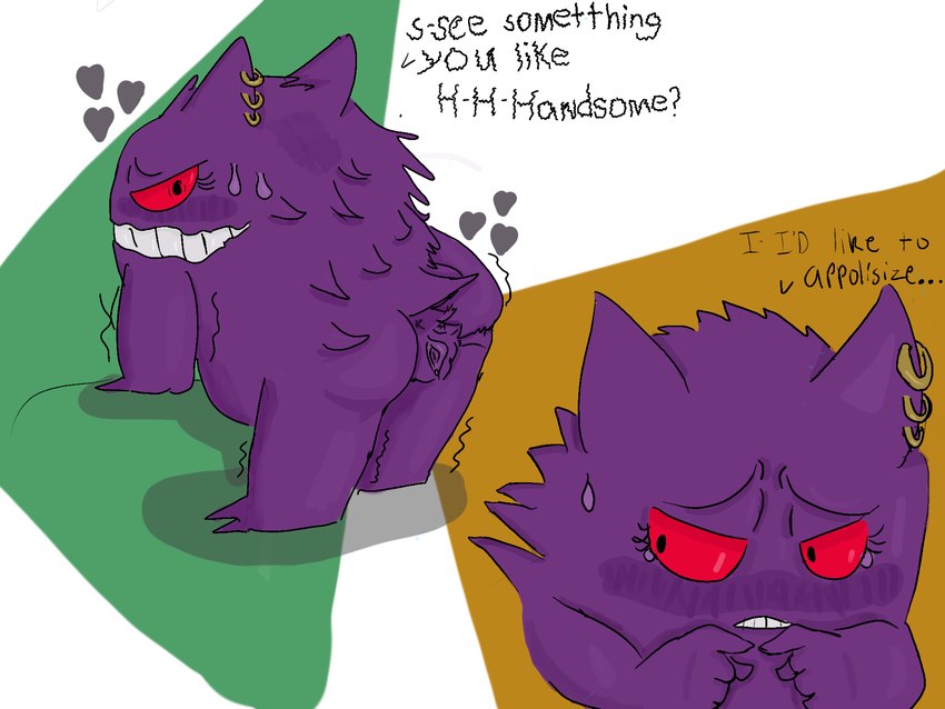 butt dialogue embarrassed female genitals index_to_index nervous nervous_smile piercing presenting presenting_hindquarters presenting_pussy pussy shaking shy solo text discodemon nintendo pokemon genny_(discodemon) generation_1_pokemon gengar pokemon_(species) 4:3 digital_media_(artwork) english_text hi_res