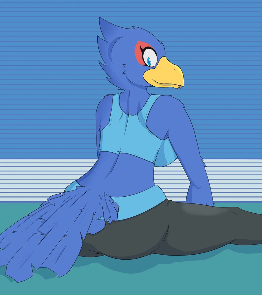 anthro back_boob beak big_breasts biped blue_body blue_eyes blue_feathers blue_tail blue_wings bottomwear breasts butt clothed clothing cosplay crossgender curvy_figure eyelashes feathered_wings feathers female fully_clothed hourglass_figure looking_at_viewer looking_back looking_back_at_viewer mtf_crossgender multicolored_body multicolored_feathers non-mammal_breasts pants red_body red_feathers simple_background sitting sitting_on_ground small_waist smile smiling_at_viewer solo tail tail_feathers thick_thighs tight_clothing tongue tongue_out topwear two_tone_body two_tone_feathers wide_hips winged_arms wings yellow_beak yoga yoga_pants brownie-bytes nintendo star_fox wii_fit falco_lombardi avian bird falcon falconid 2016 digital_media_(artwork) hi_res shaded