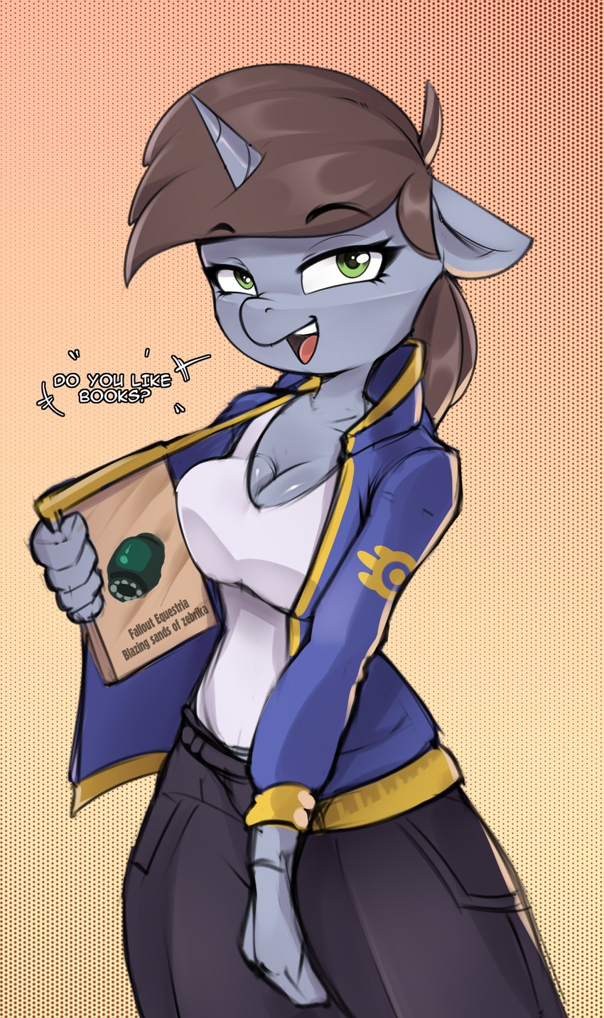 alternate_universe anthro female green_eyes horn solo vault-tec_logo felixf fallout fallout_equestria hasbro microsoft my_little_pony mythology fan_character littlepip equid equine mammal mythological_creature mythological_equine unicorn absurd_res hi_res