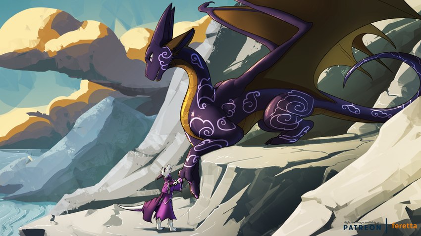 ambiguous_feral ambiguous_gender clothing colored_nails feral golden_body mountain nails painting_nails purple_body purple_eyes robe scenery white_body wings feretta mythology zephi_(reaperonico) dragon kobold mythological_creature mythological_scalie scalie 16:9 2024 hi_res widescreen