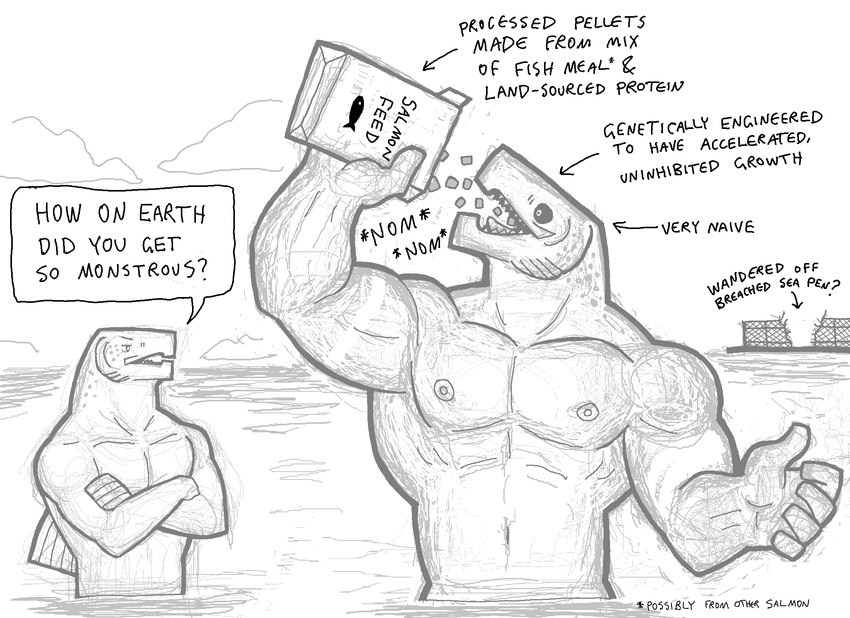 5_fingers anthro crossed_arms dialogue duo eating fingers fish_pellets food_box looking_at_another male muscular nipples open_mouth partially_submerged speech_bubble text snarkysardine fish marine salmon salmonid_(fish) 2023 english_text hi_res monochrome sketch