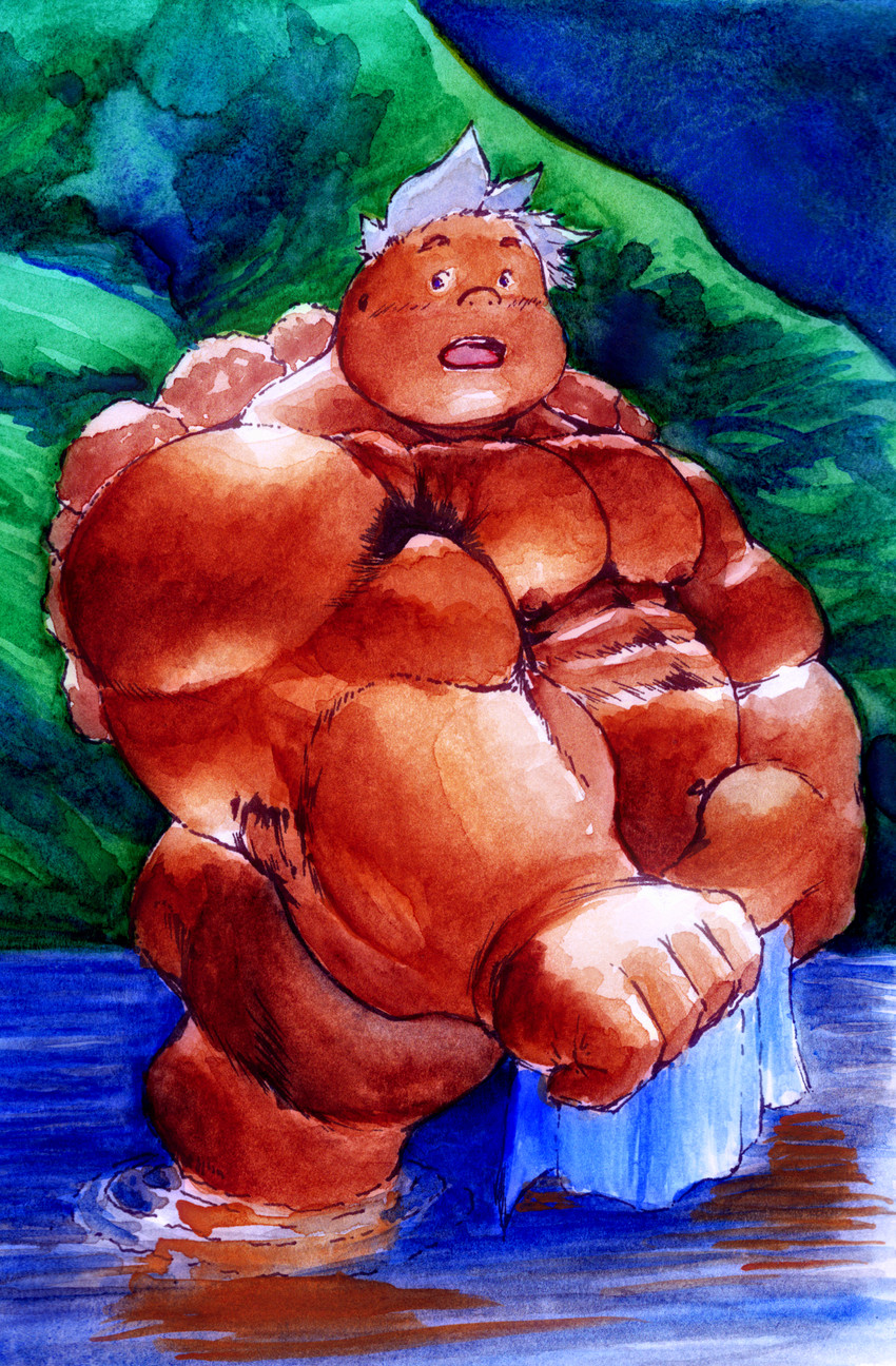 humanoid_hands male musclegut muscular nipples overweight overweight_humanoid overweight_male solo towel water bigdudeart glacierk breath_of_the_wild nintendo the_legend_of_zelda yunobo goron humanoid 2017 hi_res