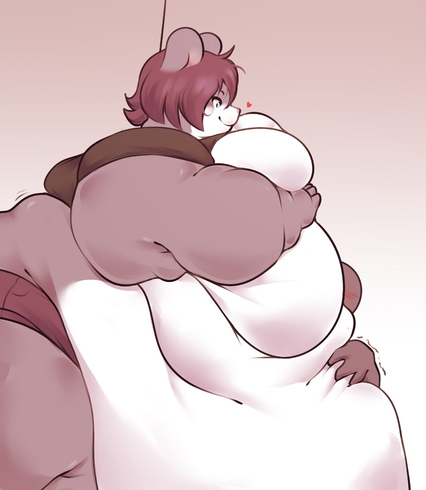 against_surface against_wall ambiguous_gender anthro arm_rolls back_rolls belly belly_rolls belly_smother belly_squish big_belly big_breasts blue_eyes blush breast_squish breasts chubby_cheeks clothed clothing face_on_belly fat_arms fat_legs fat_rolls female hand_on_belly hand_on_breast heart_symbol huge_belly huge_breasts hyper hyper_belly hyper_breasts larger_female leg_rolls love_handles morbidly_obese morbidly_obese_anthro morbidly_obese_female obese obese_anthro obese_female overweight overweight_anthro overweight_female size_difference smaller_ambiguous smile smothering squish kelpu_(artist) tumi_(kelpu) mammal mouse murid murine rodent 2024 hi_res