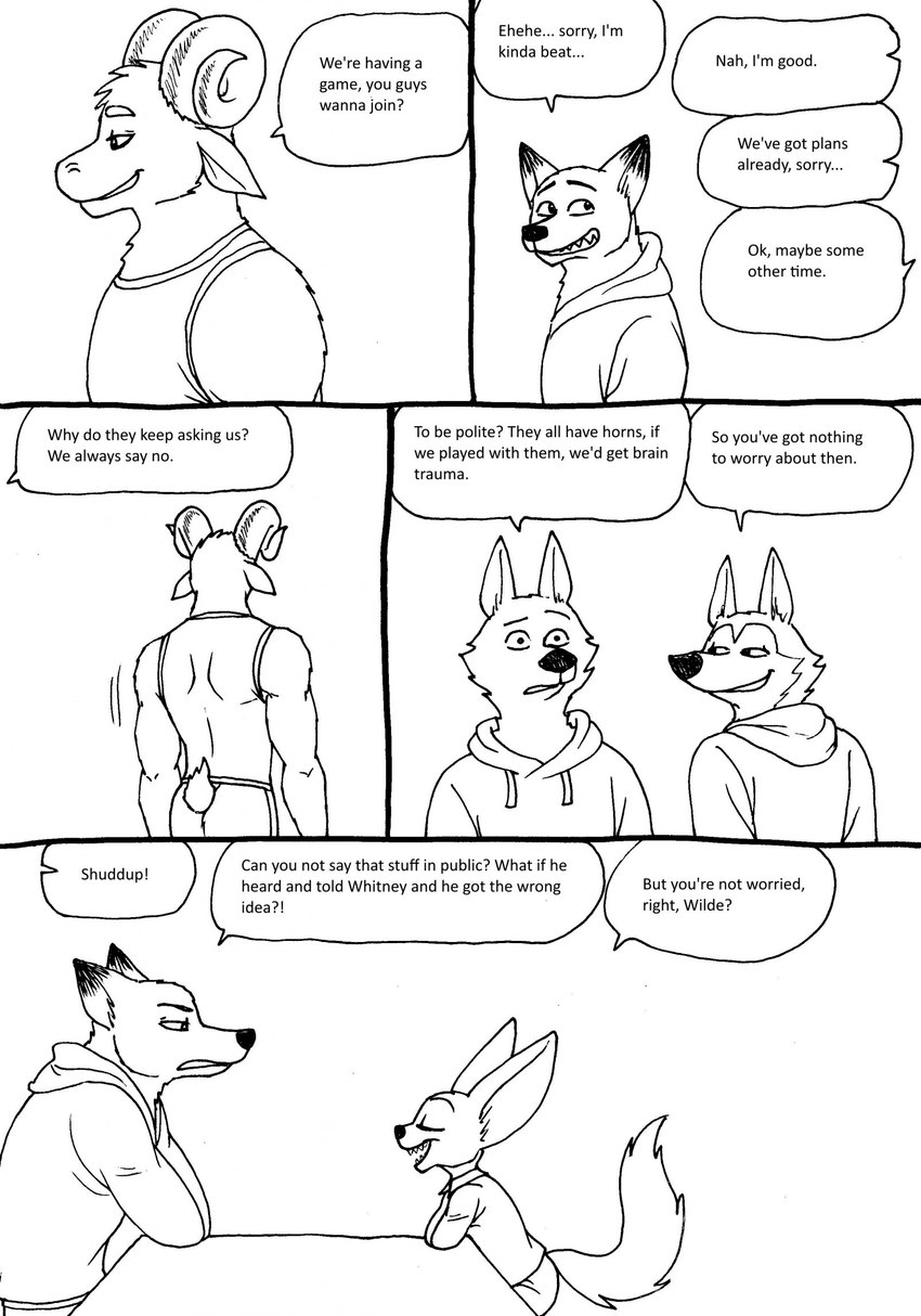 anthro butt claws clothed clothing dialogue fur group hoodie male shirt speech_bubble surprise tank_top text topwear bernielover bernielover's_college_au disney zootopia devon_(bernielover) finnick_(zootopia) nick_wilde bovid canid canine canis caprine fennec_fox fox mammal red_fox true_fox wolf 2023 comic english_text hi_res monochrome