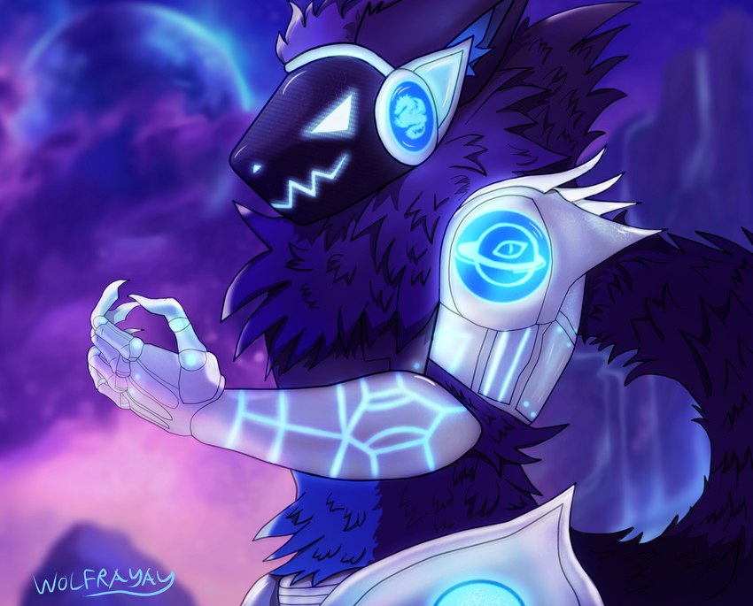 anthro armor bionic blue_body blue_eyes blue_fur cybernetics fluffy fluffy_tail fur glowing machine male protogen_visor purple_body purple_fur robot_arm solo tail visor wolfrayay cyborg protogen robot colored digital_drawing_(artwork) digital_media_(artwork) half-length_portrait hi_res portrait shaded