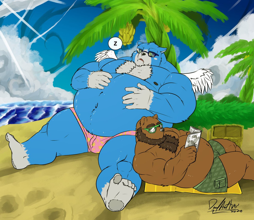 anthro beach belly blue_body blue_fur bottomwear brown_body brown_fur bulge clothing duo eyewear fur male moobs nipples outside overweight overweight_male reading seaside shorts sitting sleeping sunglasses wings deadanthro nintendo oracle_of_ages oracle_of_seasons the_legend_of_zelda moosh bear mammal 2020