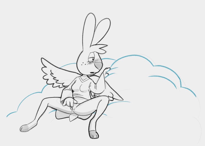 anthro blush clothed clothing cloud female genitals masturbation partially_clothed pussy simple_background solo unknown_artist angel_hare the_east_patch angel_gabby lagomorph leporid mammal rabbit monochrome