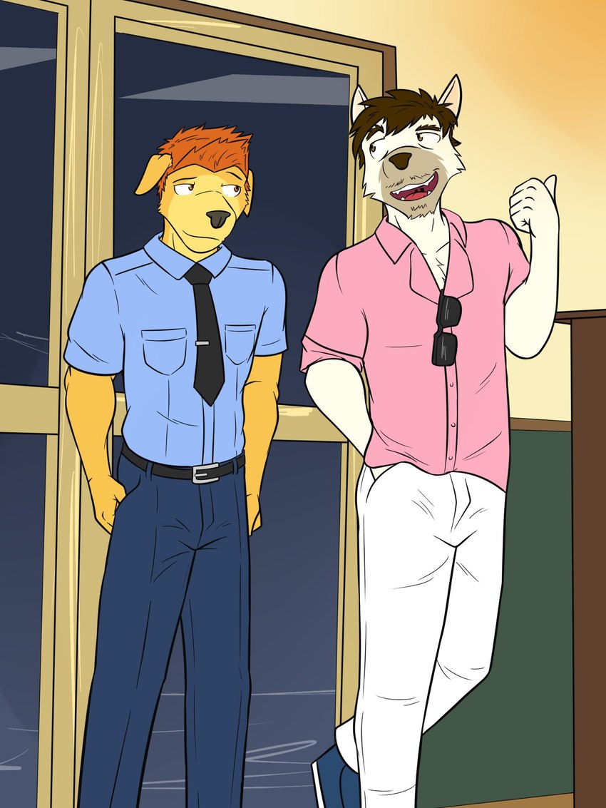 anthro belt bottomwear clothed clothing collared_shirt duo eyewear fully_clothed male necktie pants sunglasses sunglasses_on_shirt tie_clip fuze wolfgang_(fuze) canid canine canis domestic_dog mammal 3:4 hi_res