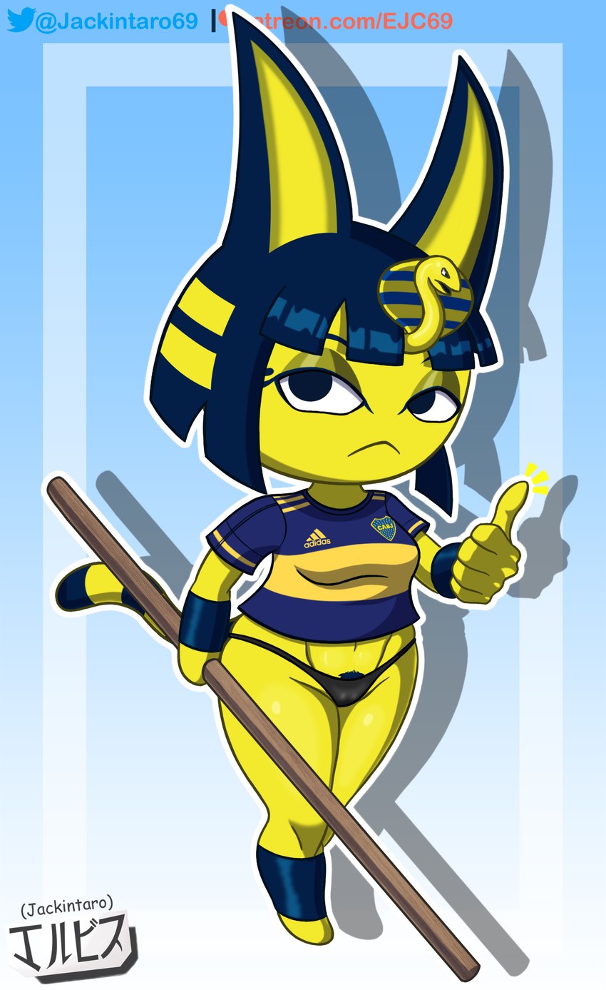 anthro blue_hair clothed clothing egyptian female fur gesture hair hand_gesture looking_at_viewer shirt simple_background soccer_uniform solo sportswear thumbs_up topwear uniform yellow_body jackintaro animal_crossing boca_juniors independence_day_(argentina) nintendo ankha_(animal_crossing) domestic_cat felid feline felis mammal absurd_res digital_media_(artwork) hi_res meme