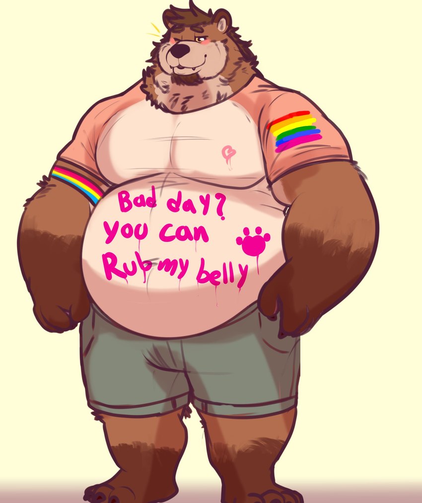 anthro arm_markings barazoku belly belly_overhang body_writing brown_hair claws facial_hair feet finger_claws foot_markings hair heart_symbol leg_markings lgbt_pride male markings one_eye_closed overweight overweight_male pansexual_pride_colors pecs pride_color_accessory pride_colors rainbow_flag rainbow_pride_flag rainbow_symbol simple_background solo text toe_claws wink writing_on_belly razigator bear mammal english_text hi_res