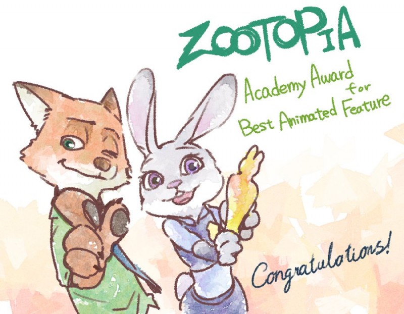 anthro award duo female fur holding_award holding_object holding_oscar_statuette male oscar_statuette simple_background text white_background mintar002 academy_awards disney zootopia judy_hopps nick_wilde canid canine fox lagomorph leporid mammal rabbit red_fox true_fox 2017 english_text