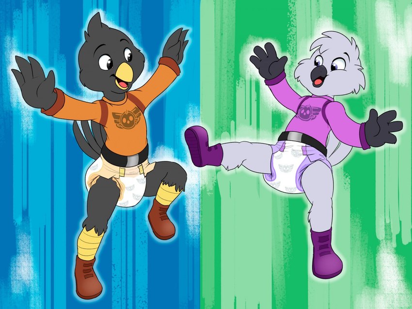 anthro clothed clothing diaper duo female male padded padding wearing_diaper young young_anthro baltnwolf top_wing nephy_abdl_(peregrine) soarinskies_abdl_(bird) avian bird falcon falconid owl peregrine_falcon 4:3