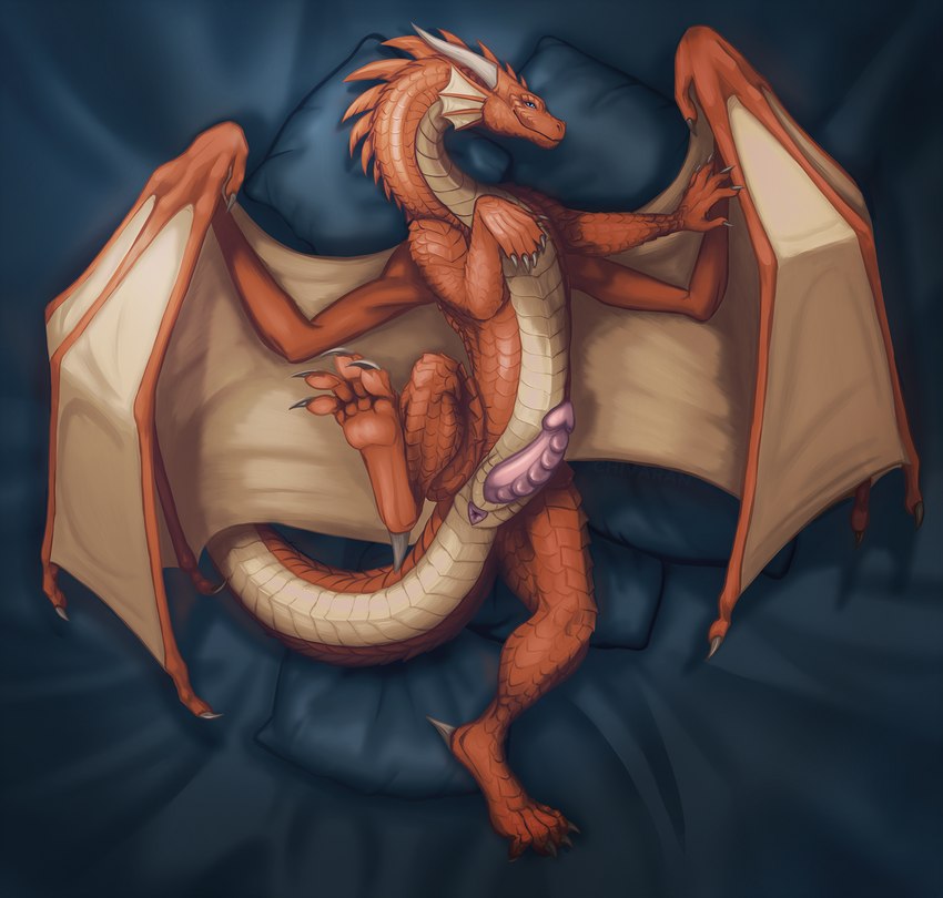 anus bed feral furniture genitals male nude orange_body orange_scales paws penis pink_penis scales smile solo tail wings chivaran european_mythology mythology jarren dragon mythological_creature mythological_scalie scalie western_dragon hi_res