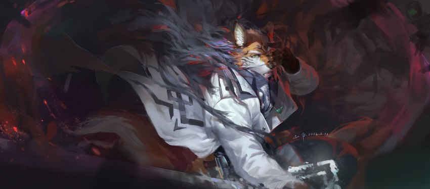anthro black_markings black_nose blood bodily_fluids clothed clothing duo facial_markings fight fur green_eyes head_markings holding_melee_weapon holding_object holding_sword holding_weapon jewelry male markings melee_weapon necklace open_clothing open_topwear orange_body orange_fur smoke solo_focus sword topwear weapon white_body white_clothing white_fur white_topwear awaldkize canid canine humanoid mammal 2024 absurd_res dated hi_res signature