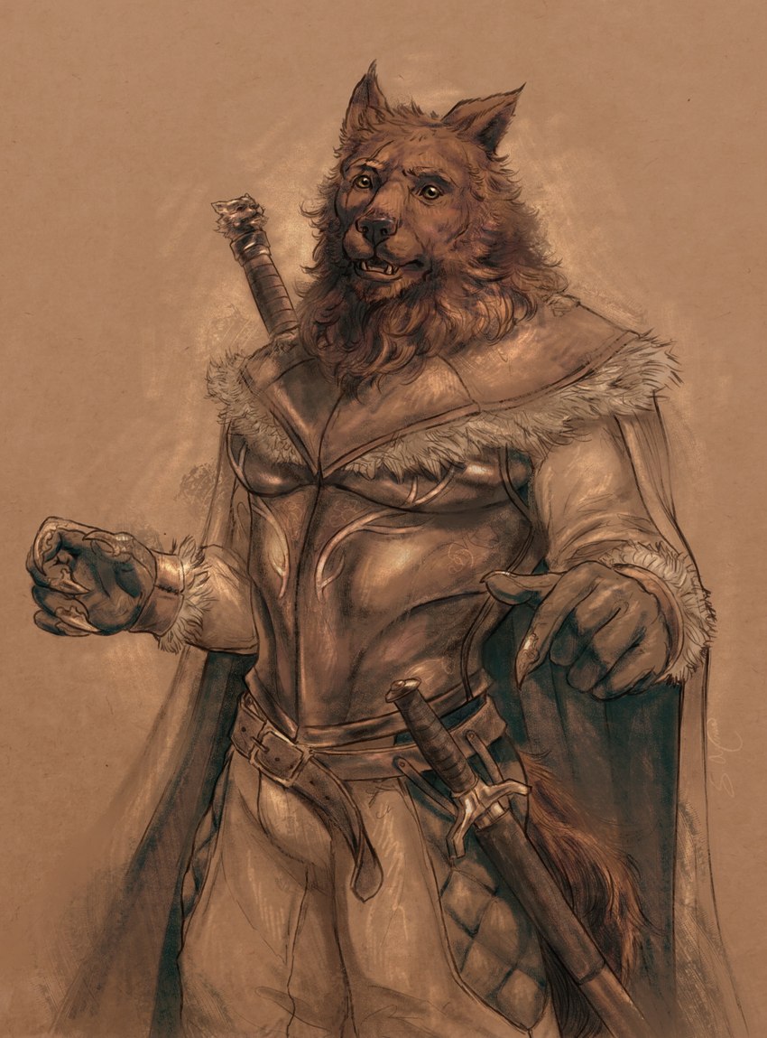 anthro armor belt biped black_body black_fur bottomwear claws cloak clothing fur male melee_weapon sepia_background solo sword topwear weapon s_anima lyre_(visual_novel) lyall_(lyre) canid canine canis mammal wolf 2023 absurd_res hi_res monochrome sepia