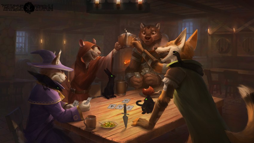 alcohol ambiguous_gender anthro armor beverage biped bracers brown_body brown_eyes brown_fur candle card_game cloak clothed clothing dagger detailed_background dipstick_tail eyes_closed female feral fire food fur furniture gaming glowing glowing_eyes green_eyes grey_body grey_fur group hat headgear headwear holding_object hood inside leaning male markings melee_weapon multicolored_tail open_mouth orange_body orange_eyes orange_fur reclining robe sitting smile standing table tail tail_markings tavern toasting weapon white_body white_fur wizard_hat lofi tangletorn brenna_(tangletorn) crumb_(tangletorn) mya_(tangletorn) trell avian bear bird canid canine corvid corvus_(genus) crow demon domestic_cat felid feline felis fox lagomorph leporid lynx mammal murid murine oscine passerine rabbit rat reptile rodent scalie snake 16:9 2020 absurd_res detailed digital_media_(artwork) hi_res widescreen nonbinary_(lore)