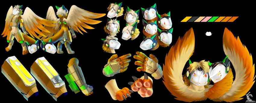 4_toes 5_fingers anthro black_nose bodily_fluids claws countershading digitigrade disembodied_foot disembodied_hand disembodied_head dripping feet fingerless_(marking) fingers fur gloves_(marking) green_eyes hair living_tail machine male markings mouth_closed nipples nude open_mouth orange_hair orange_toes orange_wings pawpads protogen_armor protogen_visor saliva saliva_drip saliva_on_tongue solo striped_markings striped_tail stripes tail tail_markings tail_mouth tan_body tan_fur tan_wings text toe_claws toes unusual_anatomy unusual_tail white_visor wings alsander_(felnproot) ciaran_(tailmaw_felnproot) felngo felnid felnidae felnproot mammal protogen absurd_res alpha_channel digital_media_(artwork) english_text hi_res huge_filesize letterbox model_sheet