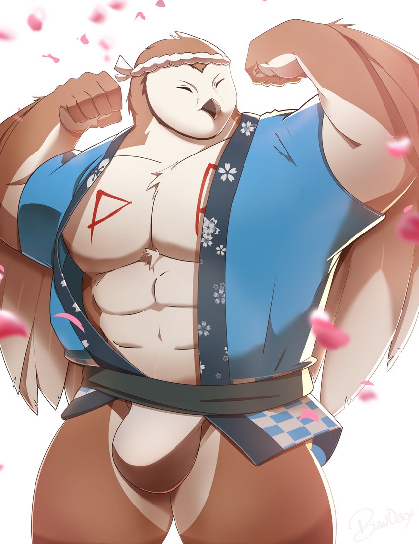 abs anthro asian_clothing barazoku beak black_beak black_eyes bulge cherry_blossom cherry_blossom_tree cherry_tree clothing east_asian_clothing eyes_closed feather_hands feathered_wings feathers flexing flexing_bicep flexing_both_biceps flower fruit_tree fundoshi japanese_clothing jinbei_(clothing) kimono male muscular muscular_anthro muscular_male pecs plant prunus_(flower) runes solo tree underwear wings baw0sox sheru_owl avian barn_owl bird humanoid owl tyto tytonid absurd_res hi_res