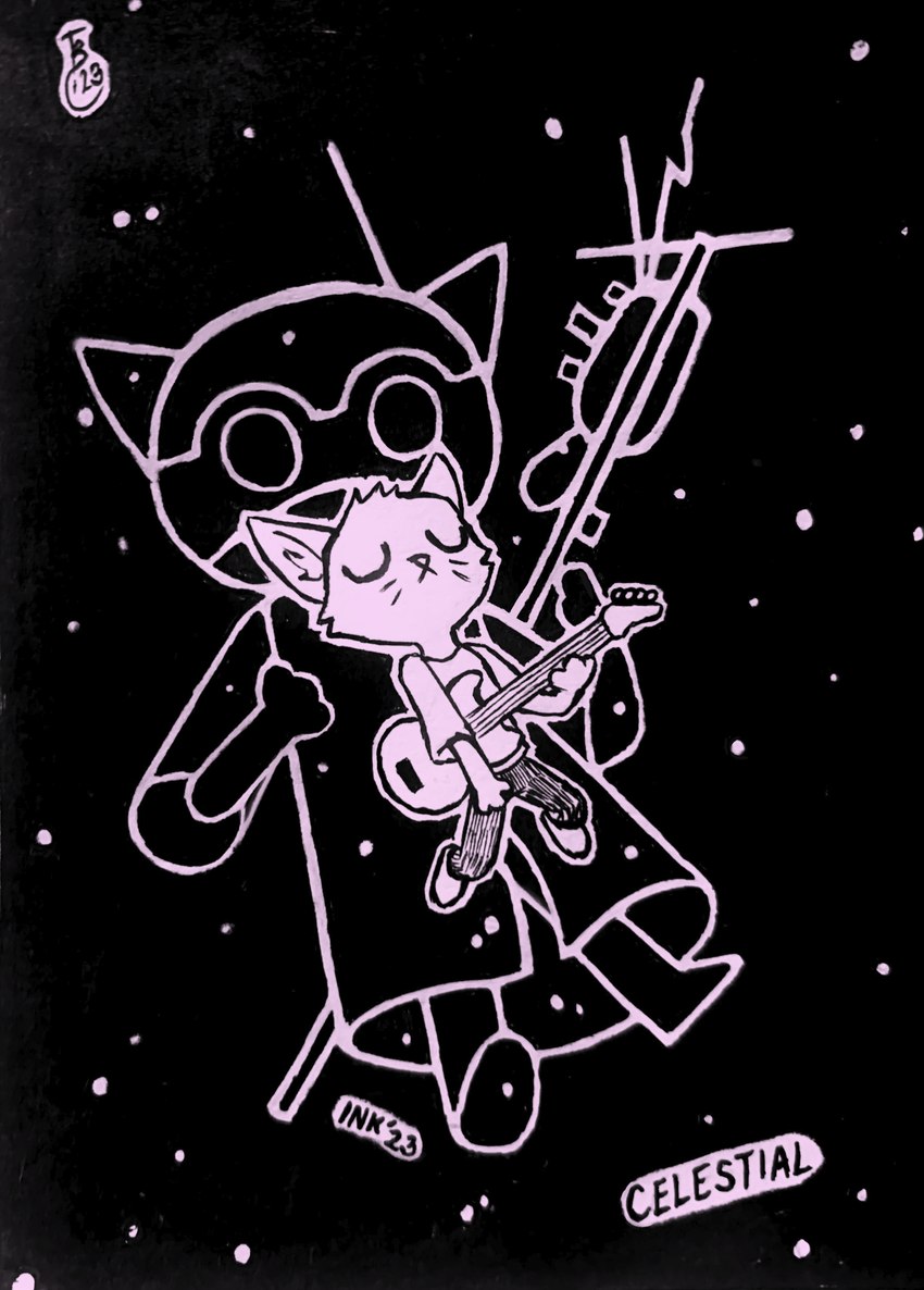 anthro bass_guitar clothed clothing eyes_closed fully_clothed fur guitar head_tuft holding_guitar holding_musical_instrument holding_object inner_ear_fluff musical_instrument narrow_hips playing_guitar playing_music plucked_string_instrument string_instrument thin_calves thin_legs thin_thighs tuft theblueberrycarrots inktober night_in_the_woods mae_borowski domestic_cat felid feline felis mammal 2023 absurd_res hi_res signature traditional_media_(artwork)