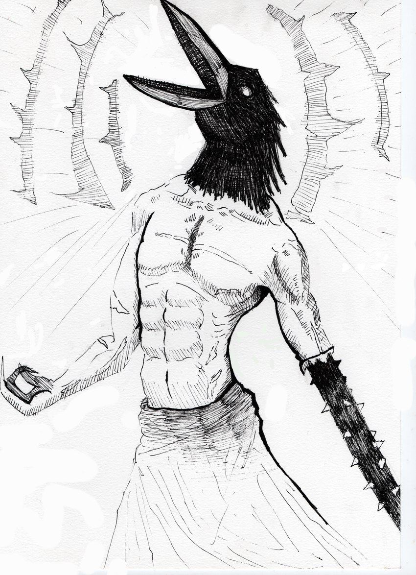 3_fingers abs amputee apron arm_scar beak black_body black_feathers chest_scar clothing disability feathers fingers for_a_head grey_beak looking_away looking_up male melee_weapon muscular muscular_humanoid muscular_male navel no_pupils open_beak open_mouth scar scar_on_stomach screaming shirtless shirtless_humanoid shirtless_male shoulder_scar simple_background solo spikes standing war_cry weapon weapon_arm white_background nyco_bit fear_and_hunger crow_mauler animal_head animal_humanoid avian avian_humanoid bird bird_humanoid corvid corvid_humanoid corvus_(genus) corvus_humanoid crow crow_humanoid humanoid oscine passerine 2023 absurd_res black_and_white hi_res huge_filesize monochrome sketch traditional_media_(artwork)