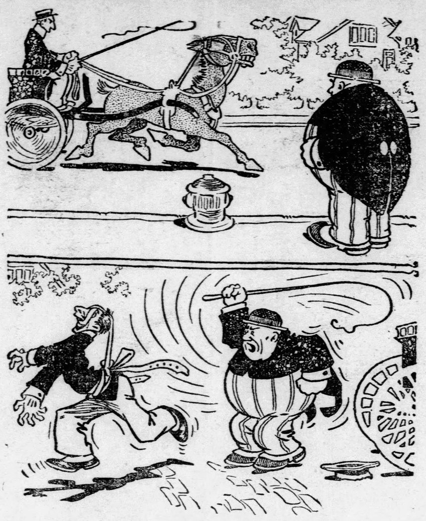 ambiguous_gender blinders building carriage clothed clothing eyewear feral fire_hydrant fully_clothed gloves group halter handwear harness hat headgear headwear house male outside plant reins sidewalk street teeth tree trio whip a.d._condo the_outbursts_of_everett_true everett_true equid equine horse human mammal 1907 20th_century ancient_art black_and_white comic hi_res monochrome