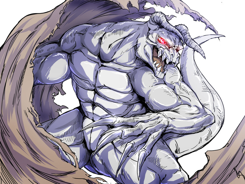 albino dramatic_undressing glowing glowing_eyes male muscular muscular_male open_mouth red_eyes solo shikipiro fallout microsoft goris_(fallout) deathclaw lizard reptile scalie 4:3 hi_res