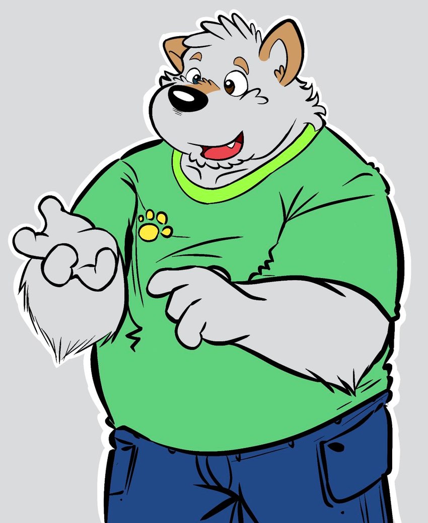 anthro black_nose bottomwear clothing grey_body humanoid_hands male overweight overweight_male pants shirt simple_background solo topwear jakegr bod canid canine canis domestic_dog mammal 2022 hi_res