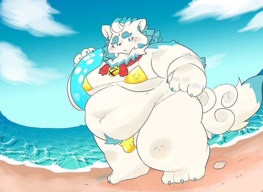 anthro beach belly big_belly bulge clothing cloud kemono male moobs outside overweight overweight_male solo swimwear water young gabu2929 asian_mythology east_asian_mythology japanese_mythology lifewonders mythology tokyo_afterschool_summoners agyo_(tas) foo_dog komainu mammal yokai 2025 absurd_res hi_res