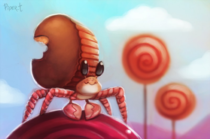 ambiguous_gender black_eyes candy cloud dessert feral food lollipop outside peanut_butter_cup sky solo piper_thibodeau arthropod crustacean food_creature hermit_crab living_candy malacostracan marine digital_media_(artwork) digital_painting_(artwork)