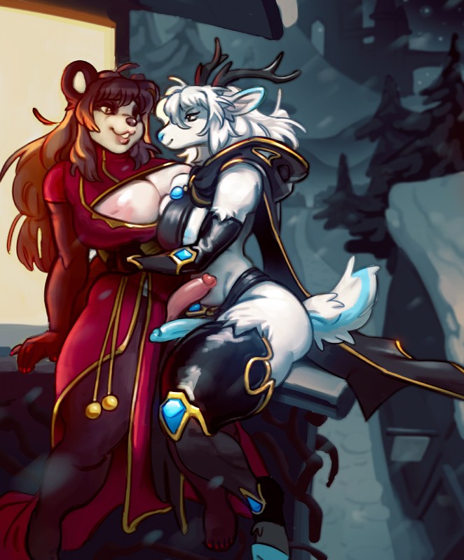 anthro anthro_on_anthro breast_squish breasts cleavage cloak clothed clothing duo fantasy gynomorph intersex latex snow squish standing queervanire lanarei_(kousetsufox) nosivi bear deer giant_panda mammal hi_res