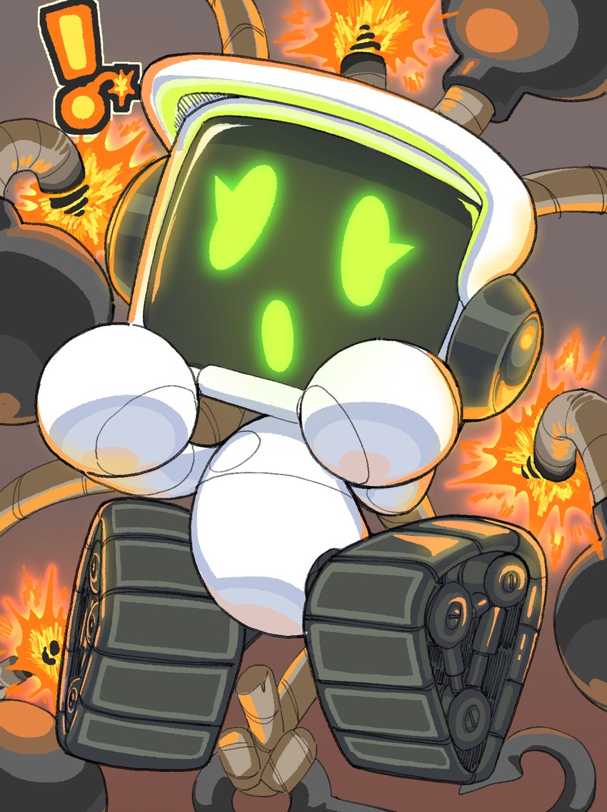 bomb exclamation_point explosion explosives eyelashes featureless_hands female green_eyelashes green_eyes green_mouth machine noseless not_furry open_mouth rope screen screen_face solo wheel white_body goatboydraws spelunky spelunky_2 lise_project robot hi_res