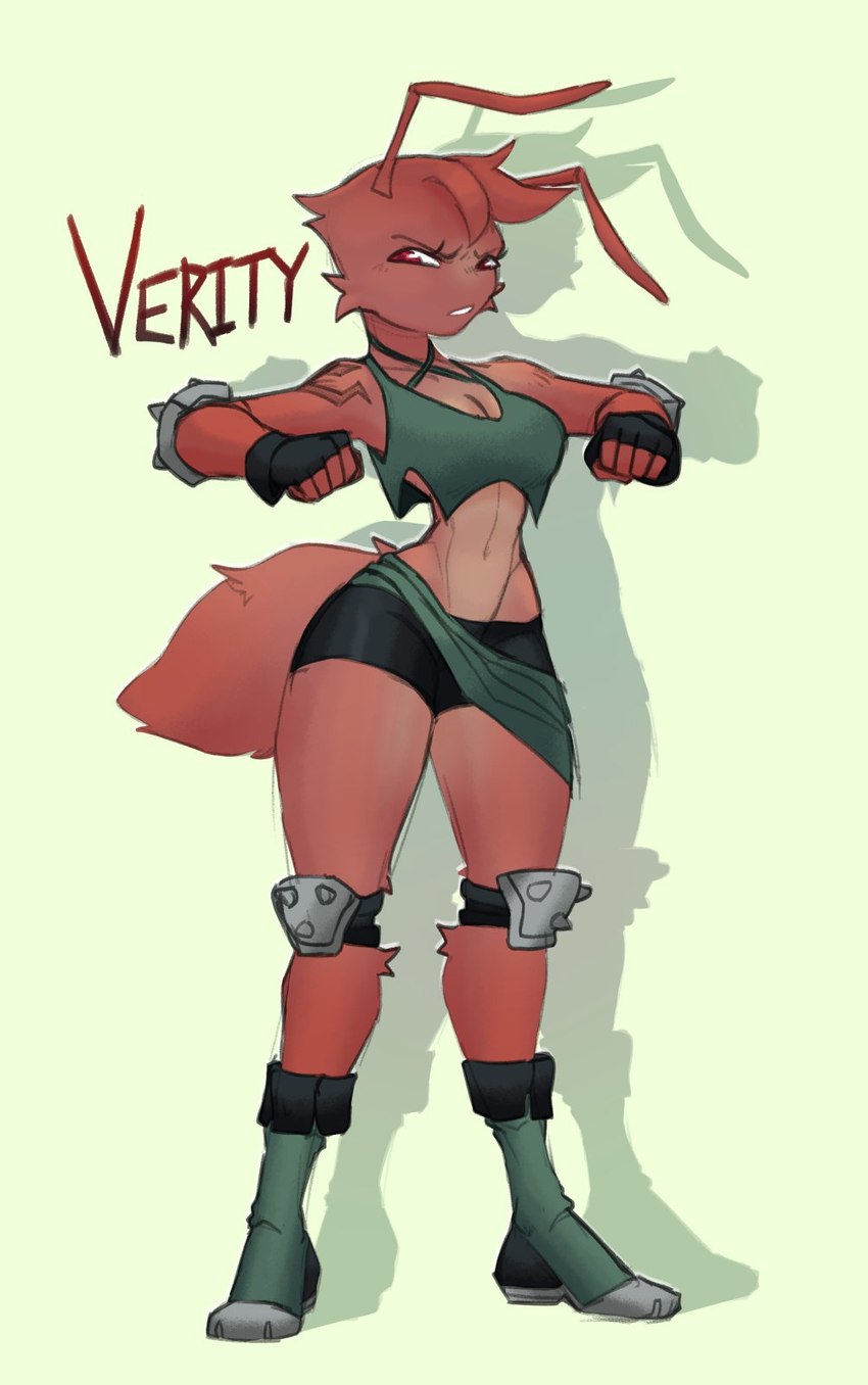 angry antennae_(anatomy) anthro arthropod_abdomen athletic athletic_female boots bottomwear breasts cheek_tuft cleavage clothed clothing crop_top elbow_pads facial_tuft female fingerless_gloves footwear gloves green_clothing handwear head_tuft hotpants knee_pads looking_at_viewer midriff non-mammal_breasts red_body red_eyes shirt shoes shorts simple_background small_waist solo text topwear torn_clothing torn_topwear tuft wide_hips proxicute verity_(proxicute) ant arthropod hymenopteran insect character_name hi_res