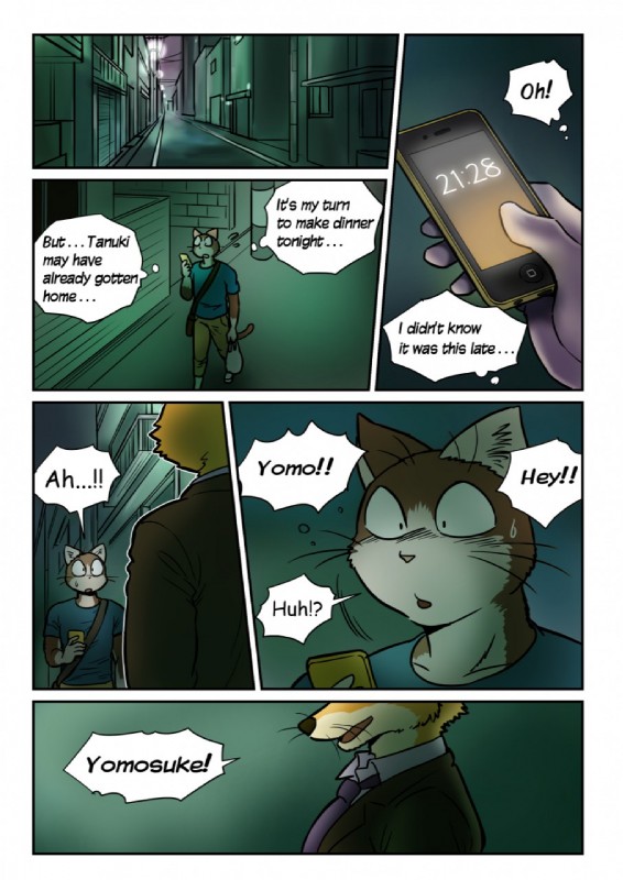 anthro brown_body brown_fur cellphone clothing dialogue duo electronics fur male phone pose smartphone text whiskers maririn daisuke_yomo jinpei_shinooka canid canine domestic_cat felid feline felis fox mammal 2014 comic digital_media_(artwork) english_text hi_res translated