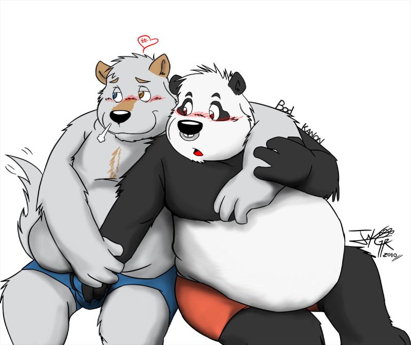 anthro belly_overhang blue_eyes blush brown_eyes duo facial_piercing grope heart_symbol heterochromia male male/male nose_piercing nose_ring overweight piercing red_eyes ring_piercing septum_piercing simple_background tail white_background jakegr bod kanon bear canid canine canis domestic_dog giant_panda mammal