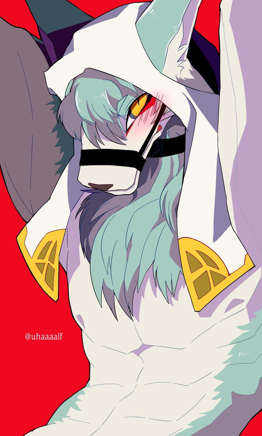 abs anthro blush collar male muzzle_(object) muzzled simple_background solo uhaaaalf wander_crown nadar_(wander_crown) 2017 3:5 absurd_res hi_res